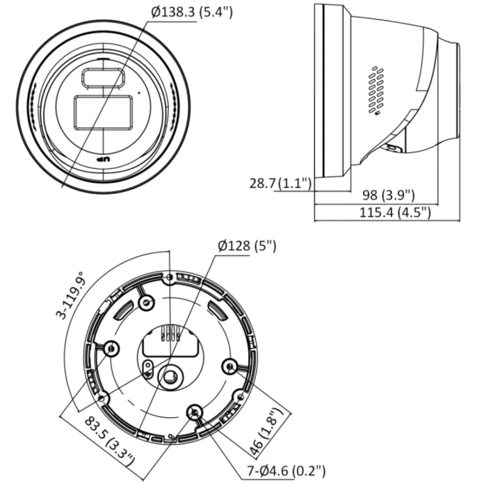 Rysunek techniczny kamery kopułkowej Hikvision 8Mpx